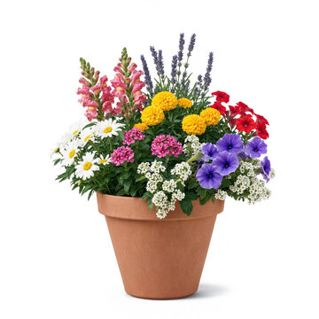 Assorted summer flowers in a terracotta clay pot isolated on white background with flowerpot terracotta blooming