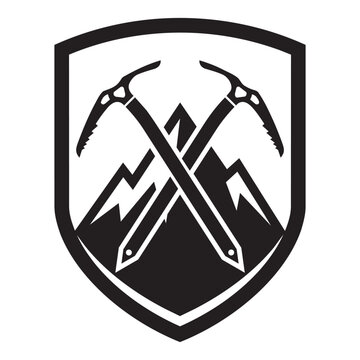 Mountain climbing emblem with crossed ice axes and mountains inside a shield