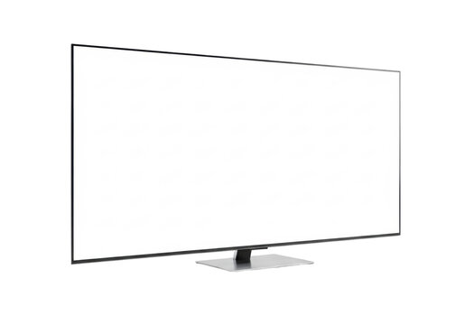 ultra-realistic smart oled television with a polished chrome stand and thin bezel, screen transparent mockup template, isolated on a seamless high-key white studio background. Concept for commercial