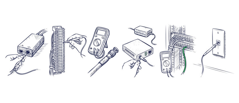 Network cable testing installation set of hand drawn illustrations showing technician hands plugging ethernet cables using multimeters patch panels and connecting server rack systems isolated line art
