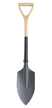 Full length view of small metal garden shovel with ergonomic wood grip isolated on white background, gardening