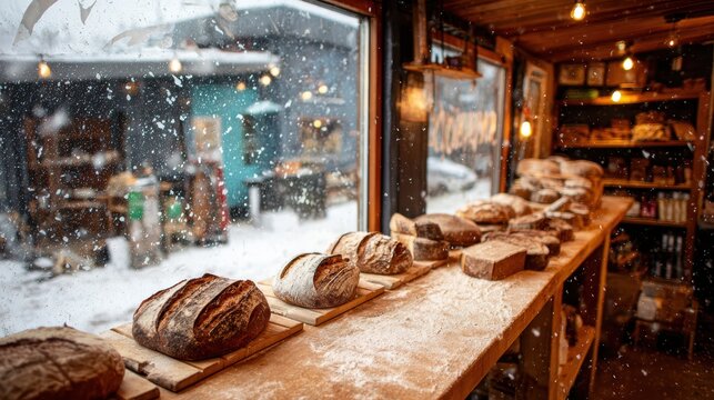 Cozy Bakery on a Snowy Day: Freshly baked artisanal bread lines a wooden counter inside a rustic bakery, with snowflakes falling outside the window, creating a warm and inviting atmosphere.
