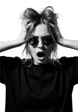 young caucasian woman with messy blonde hair and vintage black sunglasses, clutching her head, mouth agape in shock, high-contrast b&w studio close-up, chiaroscuro lighting concept of overwhelming