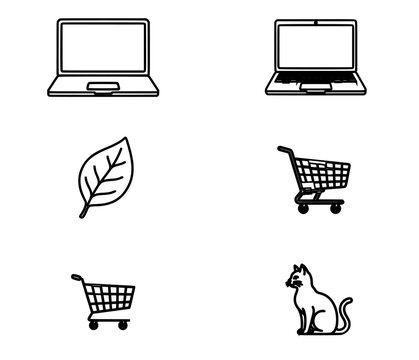 Hand-traced vector icon set with elegant cat, minimalist laptops, botanical leaf and shopping carts, clean outline collection for pet branding, tech apps, eco design and ecommerce graphics
