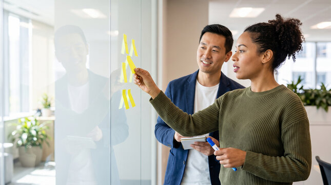 Diverse Business Team Collaborating on Project Management Strategy with Sticky Notes on Glass Wall in Modern Corporate Office Background for Creative Workshop Presentation Banner