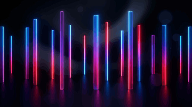Vibrant digital landscape featuring futuristic glowing neon pillars reflecting on a sleek dark surface