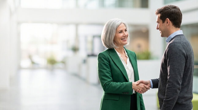 Senior Businesswoman Shaking Hands with Male Colleague for Successful Partnership Deal or Mentorship Greeting in Bright Modern Corporate Office Lobby Background with Copy Space
