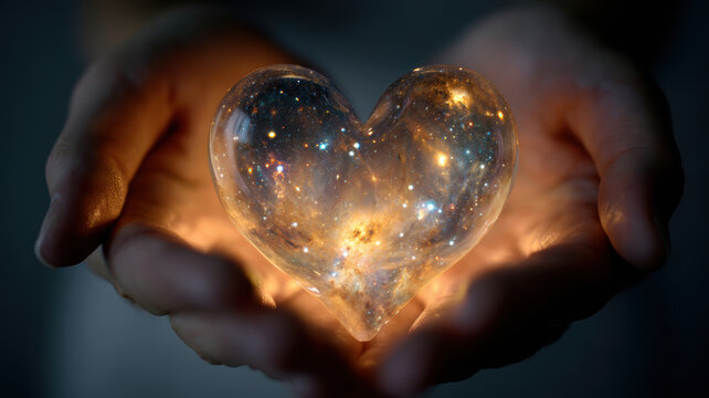 Romantic love theme for Valentines Day. A person holding a heartshaped glass object filled with stars, illuminated against a blurred background.