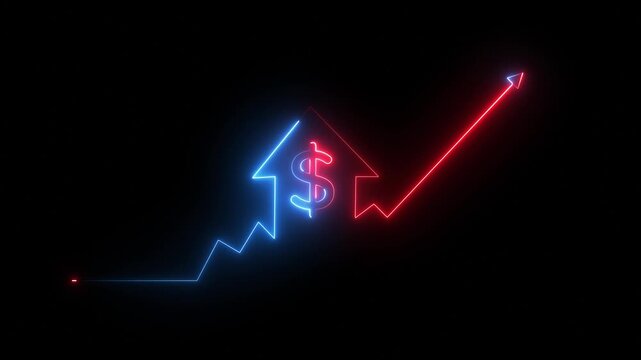 Rising Neon House Icon with Dollar Sign and Upward Graph Line on Black Background
