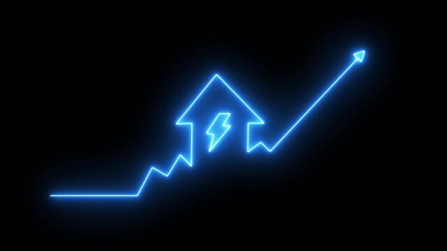 neon home icon with battery charging and upward arrow animation on black background, smart energy house symbol