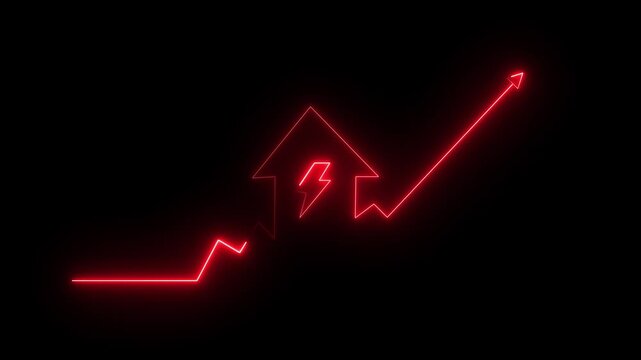 Glowing Red Neon House Icon with Rising Arrow Graph on Dark Background,Neon home icon animation with up arrow and lightning bolt.