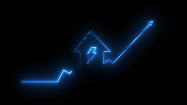 Glowing Blue Neon Line Graph Showing Rising Real Estate Prices and Energy Costs in a Dark Background