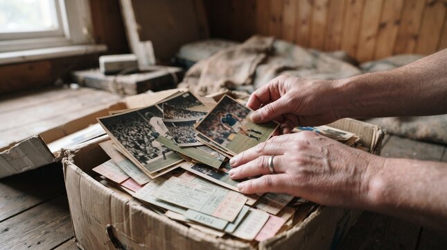 A person's hands sorting through a box of old photographs in a rustic attic. The photos appear to be vintage and are spread across the worn cardboard box.