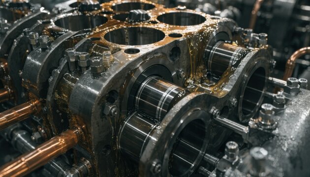 Close medium angle of an oillubricated reciprocating piston compressor block emphasizing the lubrication system around the castiron block and piston movement within a controlled