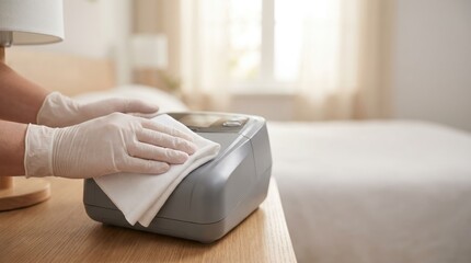 Fototapeta premium Hands in gloves wipe a device with a cloth