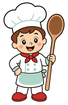 Happy cartoon boy chef holding a wooden spoon and smiling  