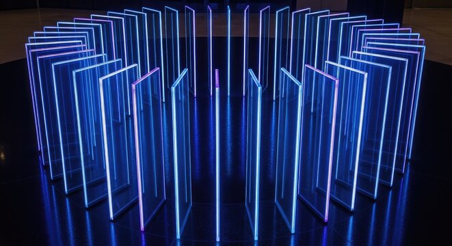 Abstract futuristic neon light pattern with glowing blue and purple vertical panels arranged in a vibrant circular shape
