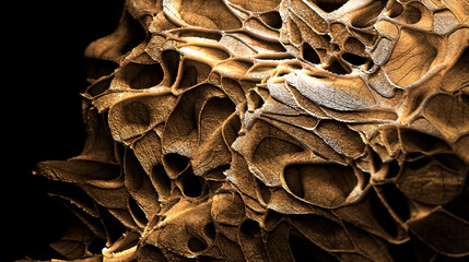  Fondo macro con textura de esponja orgánica dorada similar al coral. Estructura orgánica dorada con textura porosa. Sugiere ciencia, naturaleza y crecimiento biológico. © C.Castilla