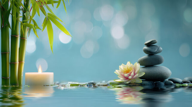 Therapy stress release treatment, health lifestyle. A tranquil scene of a tranquil spa setting, featuring a white lotus flower, a lit candle, and a stack of pebbles placed on the waters surface.