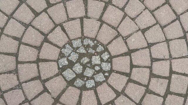 Top view circular paving stones park, close-up radial cobblestone pattern with moss lined joints, neutral beige and gray tones