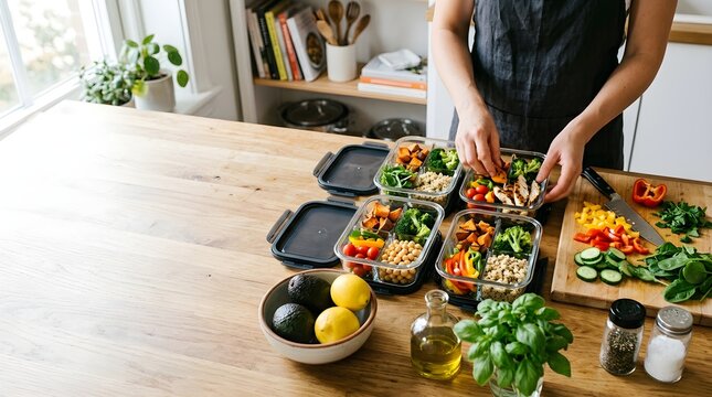Healthy Meal Prep Containers with Grilled Chicken, Quinoa and Fresh Vegetables in Home Kitchen