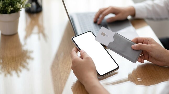 Person holds phone and card near laptop on desk