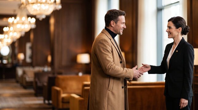 Smiling Luxury Hotel Receptionist Shaking Hands Welcoming Male Guest in Elegant Lobby for Premium Hospitality, Concierge Service, Customer Care, and Business Travel Concept
