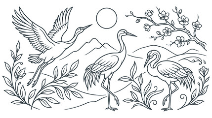 Fototapeta premium Cranes with mountains, flowers, and sun in asian style.