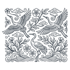 Fototapeta premium Illustration with cranes, flowers, and clouds in japanese style.