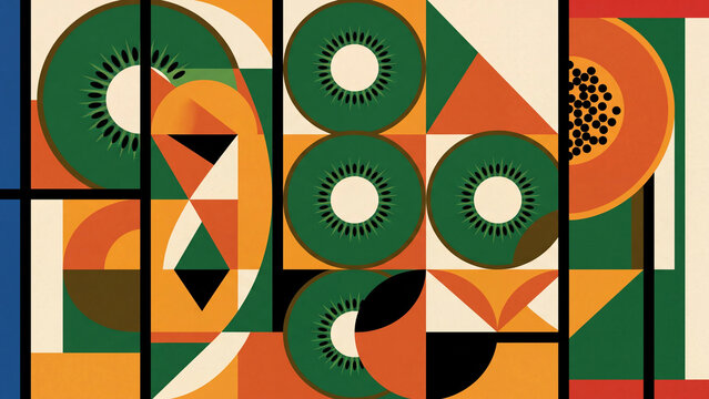 Bauhaus constructivism abstract geometric poster background with kiwi and papaya forms