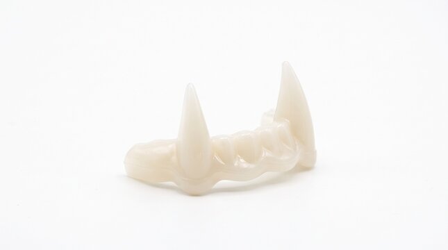 Vampire fangs as a novelty item on a white background