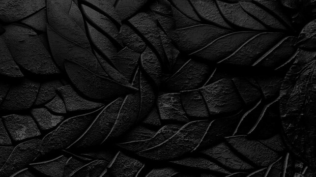  Fondo de textura con patr&oacute;n de hojas en relieve negro, bot&aacute;nica oscura. Superficie texturizada oscura con patr&oacute;n de hojas talladas. Representa elegancia, lujo y sofisticaci&oacute;n natural. Ilustraci&oacute;n 3D.