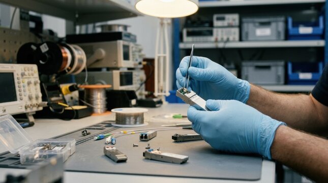 Medium shot of hands assembling singlemode fiberoptic transceiver modules focusing on precise insertion of optics into durable metal cages for longdistance data transmission.