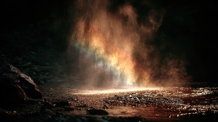 Obraz premium Dust Devil with Rainbow: A captivating dust devil whirls up a colorful rainbow effect against a dark, rocky landscape, hinting at hidden natural wonders and elemental forces.