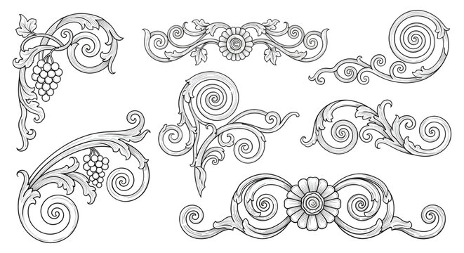 Set of elegant swirling floral vine scrolls and curls illustrations