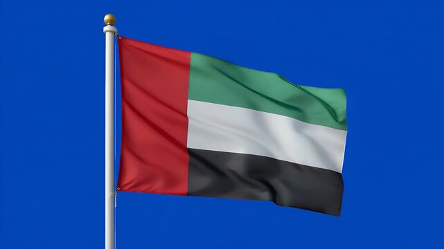 United Arab Emirates flag waving proudly against blue screen background, a symbol of national pride and identity in motion