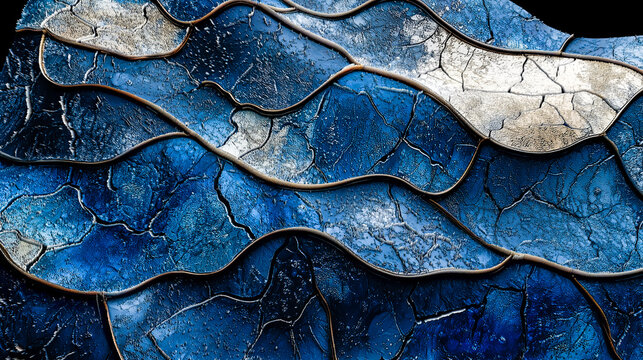  Textura de piedra agrietada azul, fondo abstracto de primer plano. Textura de roca en capas azules con grietas intrincadas. Sugiere elegancia, lujo y complejidad natural. Ilustraci&oacute;n 3D.