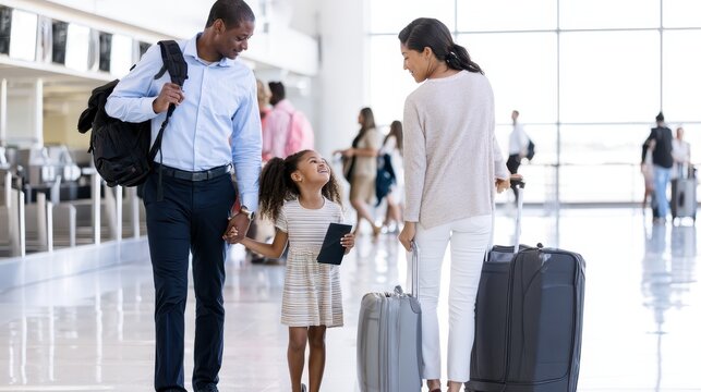A happy family with luggage walking together in an airport terminal
