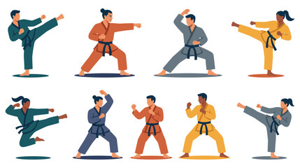 Group of karate martial arts fighters practicing combat. © Amir