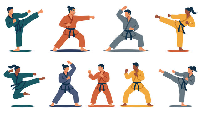 Group of karate martial arts fighters practicing combat.