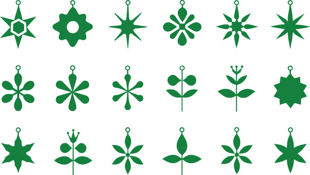 Green floral and star-shaped decorative metal jewelry charms isolated on transparent background