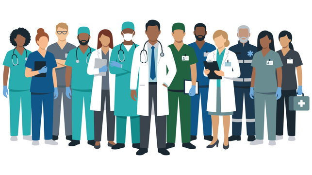 Diverse medical team of doctors and nurses in hospital.