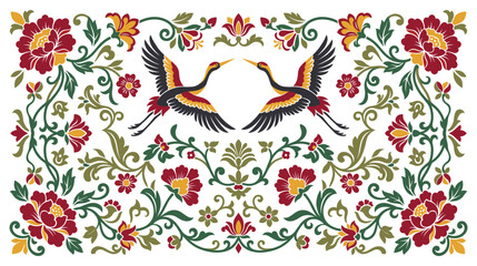 Fototapeta premium Oriental floral ornament with cranes in vintage style.
