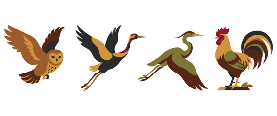 Fototapeta premium Different types of stylized birds with simple shapes.