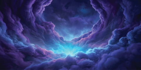 Cosmic Dreamscape: A surreal and ethereal swirling nebula of deep purple and vibrant blue clouds, illuminated by a radiant central light. © Kaosar