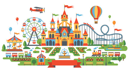 Naklejka premium Colorful theme park landscape with castle and carnival.