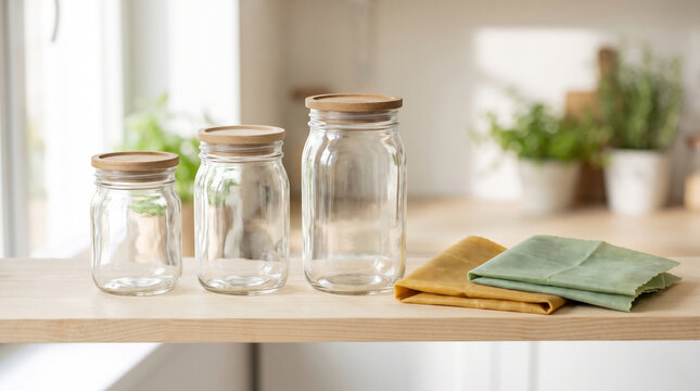 Reusable glass canning jars with wooden lids and beeswax cloth wraps on shelf