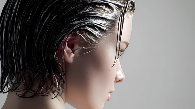 Woman with wet hair looks to the side profile.
