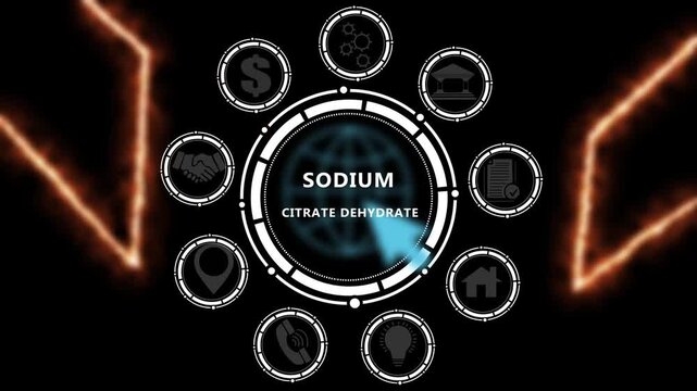 4k abstract motion graphics of scattered digital business elements assembling into a structured modern HUD interface loop for sodium citrate dihydrate trade.
