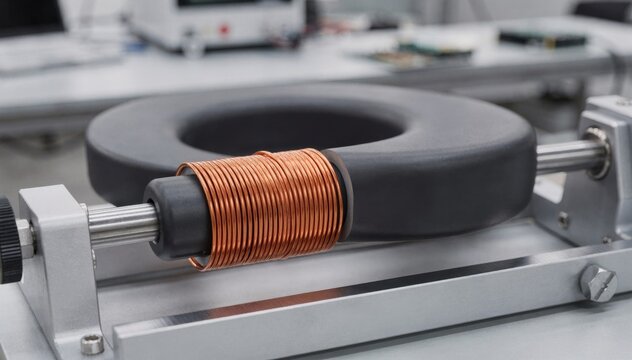 Medium shot of ferrite toroidal inductor core with enamel wire neatly wound on a precision jig in an electronics manufacturing setting.